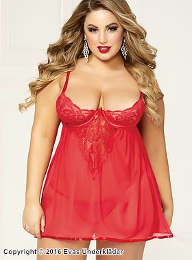 Romantisk babydoll, maske, bånd, blondepanel, plus size